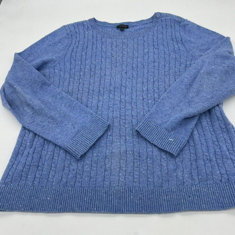 Talbots Supersoft Cableknit Sweater Tweed Blue Heather Button Detail Size XL